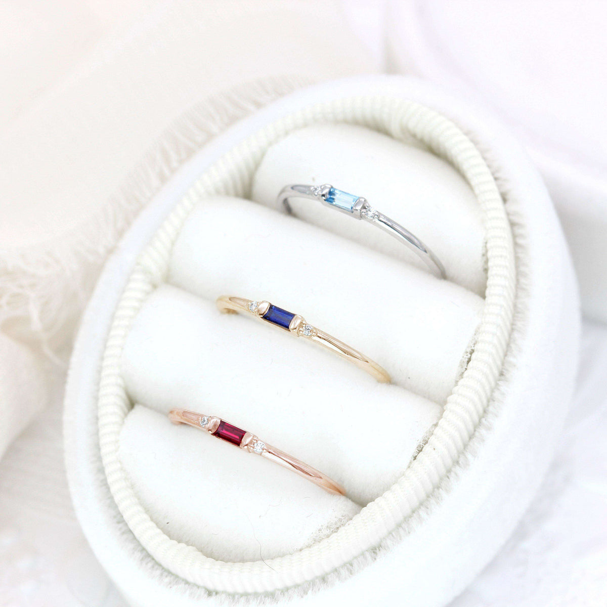 Petite Baguette Birthstone &amp; Accent Diamond Stacking Ring | White Gold