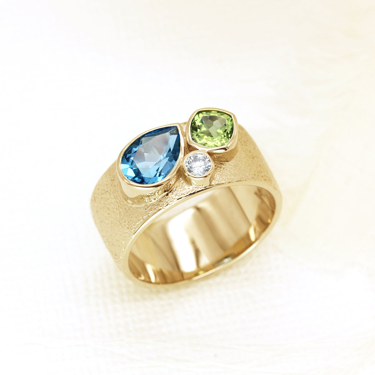 Three Stone Mother&#39;s Ring | Wide Textured Band | Yellow Gold