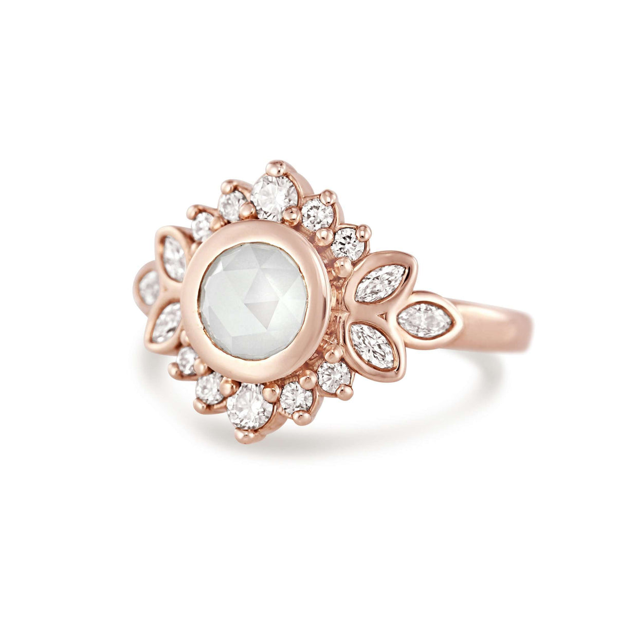 Dahlia | Milky White Round Rose Cut Diamond Halo Engagement Ring in 14k Rose Gold-Alysha Whitfield