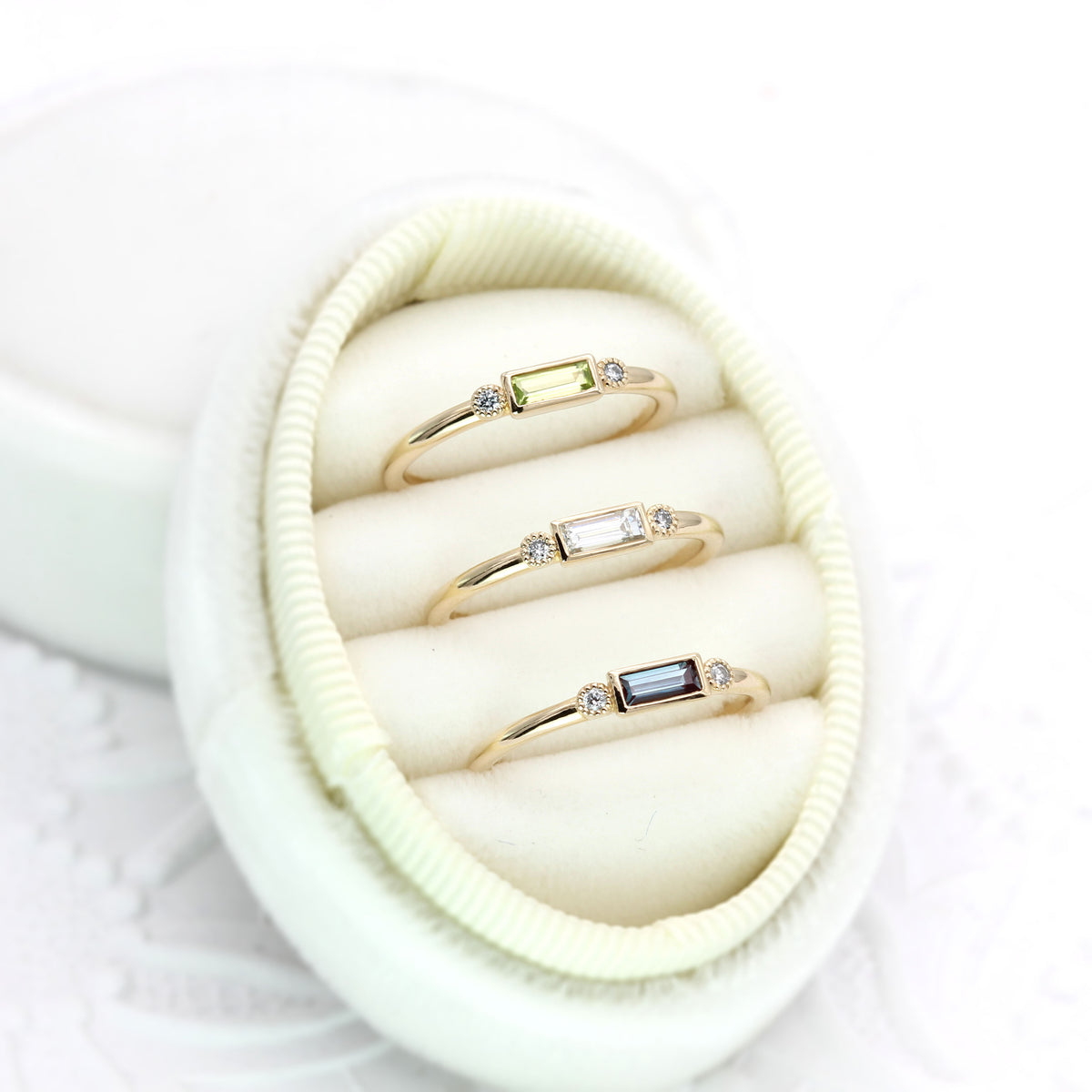 Baguette Birthstone Rings with Accent Diamonds