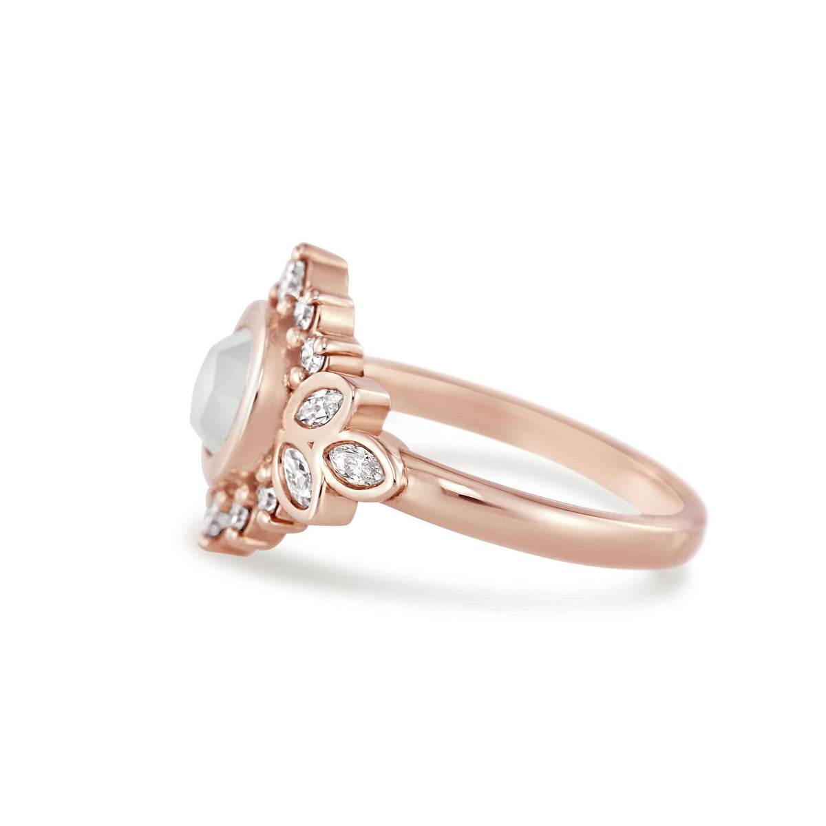 Dahlia | Milky White Round Rose Cut Diamond Halo Engagement Ring in 14k Rose Gold-Alysha Whitfield
