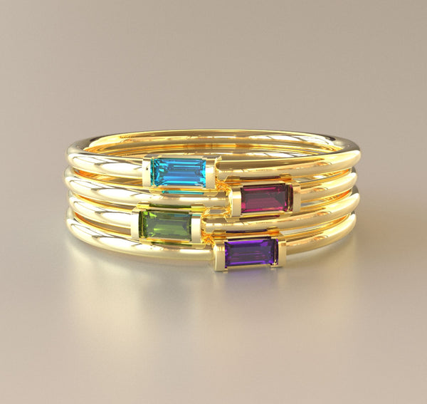 Customized Petite Baguette Gemstone Stacking Rings | Yellow Gold ...