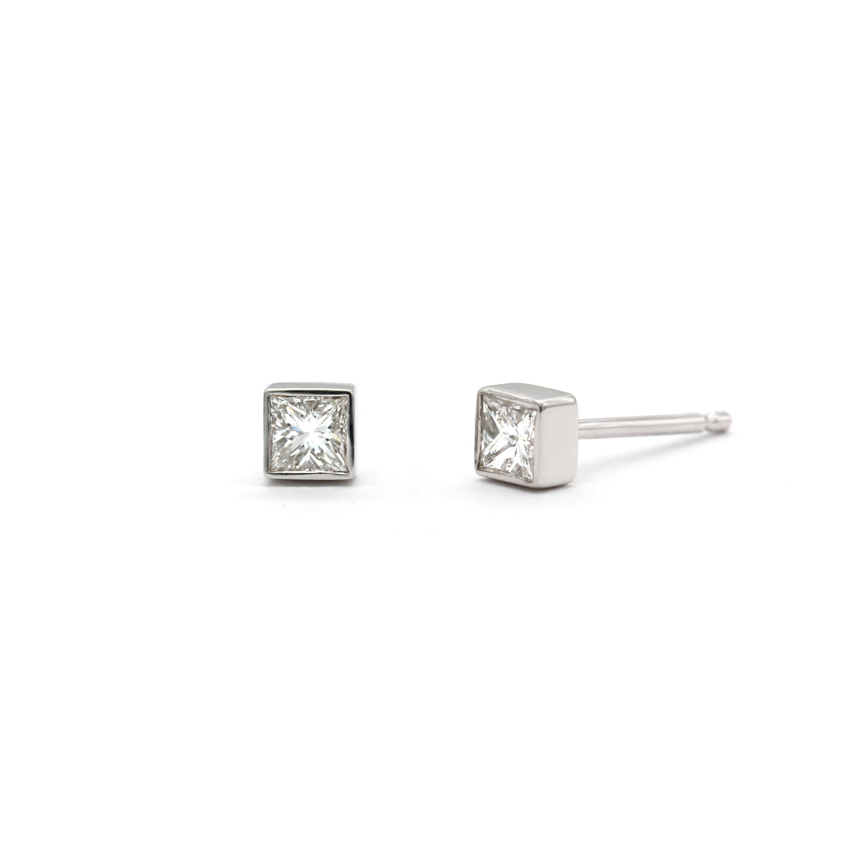 Petite Bezel Post Earrings | Princess Cut Diamond